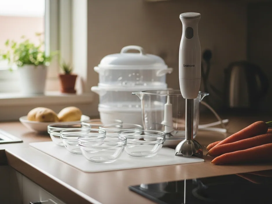 Bancada de cozinha com um cozedor a vapor, uma varinha mágica, taças pequenas de vidro e cenouras.